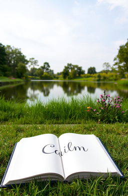 A serene nature scene featuring a tranquil lake surrounded by lush green trees and vibrant wildflowers
