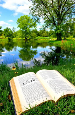 A serene nature scene featuring a tranquil lake surrounded by lush green trees and vibrant wildflowers