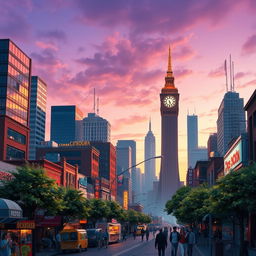 A striking digital artwork of a modern city skyline at dusk, showcasing a variety of architectural styles, including sleek glass skyscrapers, retro brick buildings, and colorful neon signs