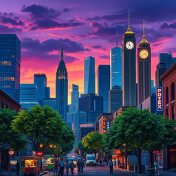 A striking digital artwork of a modern city skyline at dusk, showcasing a variety of architectural styles, including sleek glass skyscrapers, retro brick buildings, and colorful neon signs