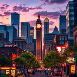 A striking digital artwork of a modern city skyline at dusk, showcasing a variety of architectural styles, including sleek glass skyscrapers, retro brick buildings, and colorful neon signs