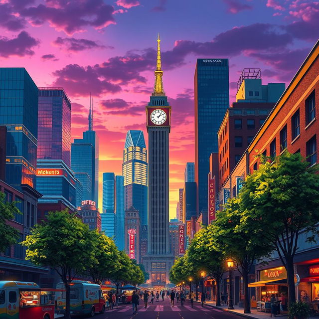 A striking digital artwork of a modern city skyline at dusk, showcasing a variety of architectural styles, including sleek glass skyscrapers, retro brick buildings, and colorful neon signs