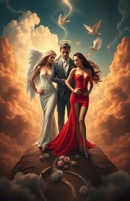 A visually stunning representation of a paradoxical love triangle, showcasing the intense, conflicting emotions of virtue and desire