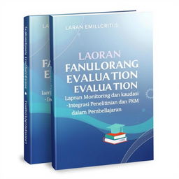 A stunning book cover design for 'Laporan Monitoring dan Evaluasi Integrasi Penelitian dan PKM dalam Pembelajaran'