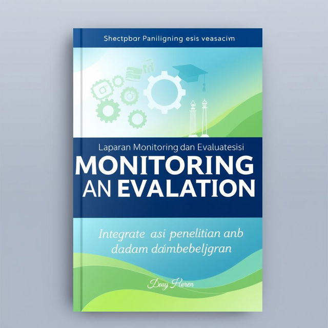 A stunning book cover design for 'Laporan Monitoring dan Evaluasi Integrasi Penelitian dan PKM dalam Pembelajaran'