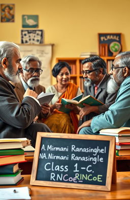 An educational scene showcasing a diverse group of philosophers engaged in deep discussion about education