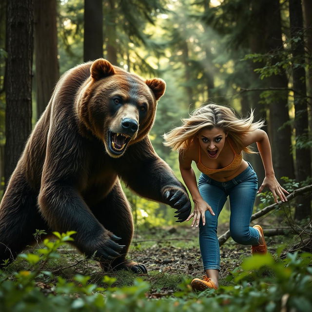 A dramatic and intense scene showcasing a brown bear attacking a very scared blonde woman wearing tight blue jeans in a dense forest