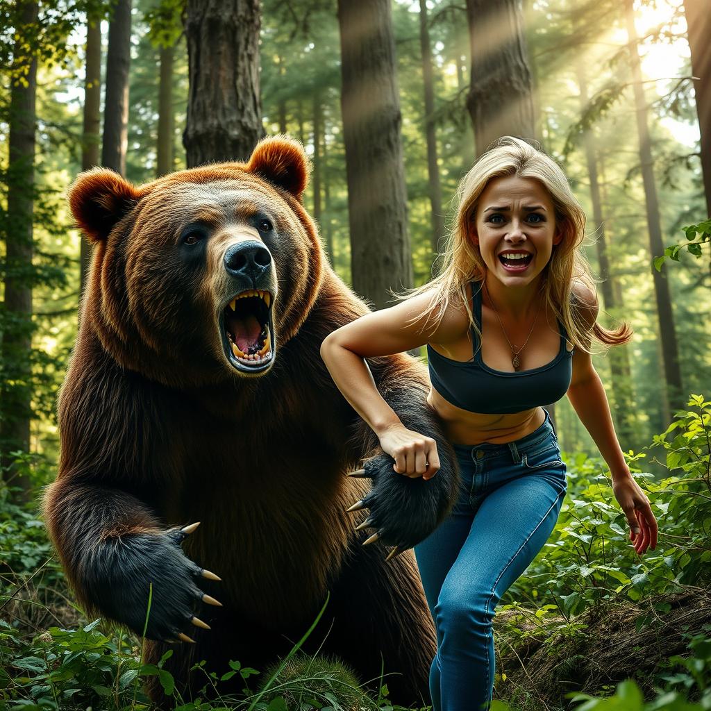 A dramatic and intense scene showcasing a brown bear attacking a very scared blonde woman wearing tight blue jeans in a dense forest