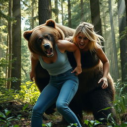 A dramatic and intense scene showcasing a brown bear attacking a very scared blonde woman wearing tight blue jeans in a dense forest