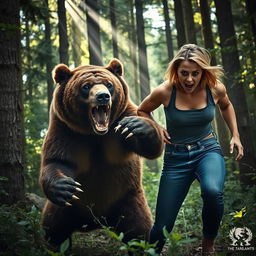 A dramatic and intense scene showcasing a brown bear attacking a very scared blonde woman wearing tight blue jeans in a dense forest