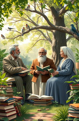 A visually captivating representation of famous educational philosophers, including figures like John Dewey, Paulo Freire, and Maria Montessori, engaged in a thoughtful discussion in a serene outdoor setting filled with books, natural light, and lush greenery