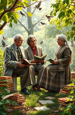 A visually captivating representation of famous educational philosophers, including figures like John Dewey, Paulo Freire, and Maria Montessori, engaged in a thoughtful discussion in a serene outdoor setting filled with books, natural light, and lush greenery