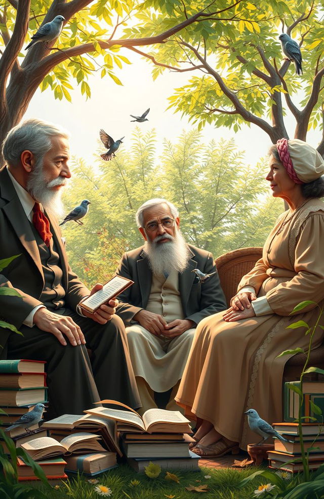 A visually captivating representation of famous educational philosophers, including figures like John Dewey, Paulo Freire, and Maria Montessori, engaged in a thoughtful discussion in a serene outdoor setting filled with books, natural light, and lush greenery