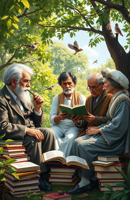 A visually captivating representation of famous educational philosophers, including figures like John Dewey, Paulo Freire, and Maria Montessori, engaged in a thoughtful discussion in a serene outdoor setting filled with books, natural light, and lush greenery
