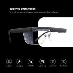 A stylish and minimalist pair of smart glasses equipped with advanced artificial intelligence, showcasing multiple functionalities