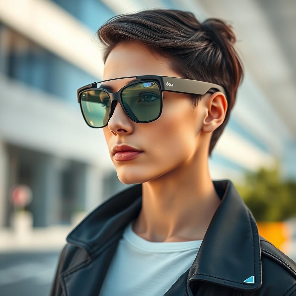 A futuristic, high-tech pair of glasses branded as 'Dora', featuring a sleek design with a mini camera integrated into the frame and advanced audio technology