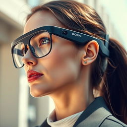 A futuristic, high-tech pair of glasses branded as 'Dora', featuring a sleek design with a mini camera integrated into the frame and advanced audio technology