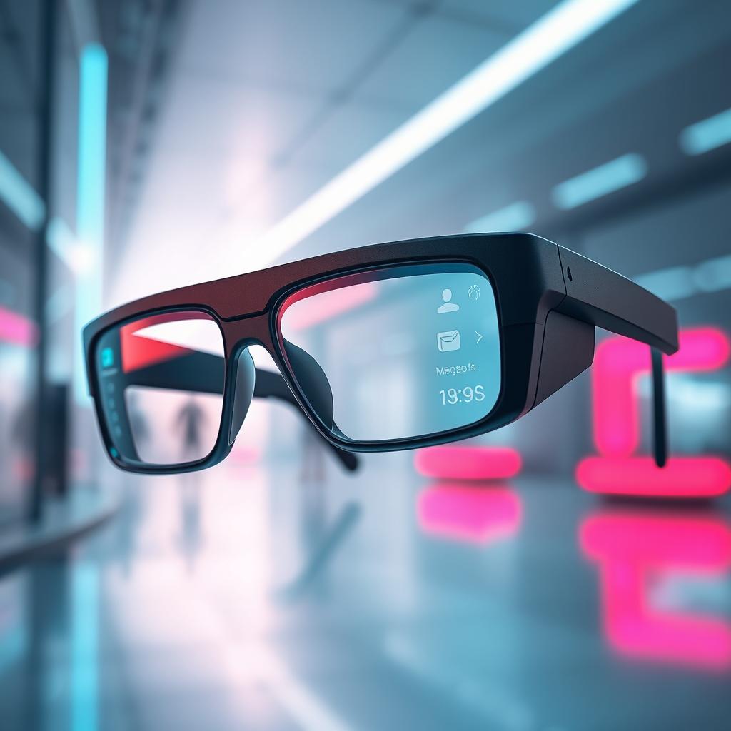 A futuristic yet minimalist design of smart glasses with advanced artificial intelligence, enabling users to access their messages seamlessly