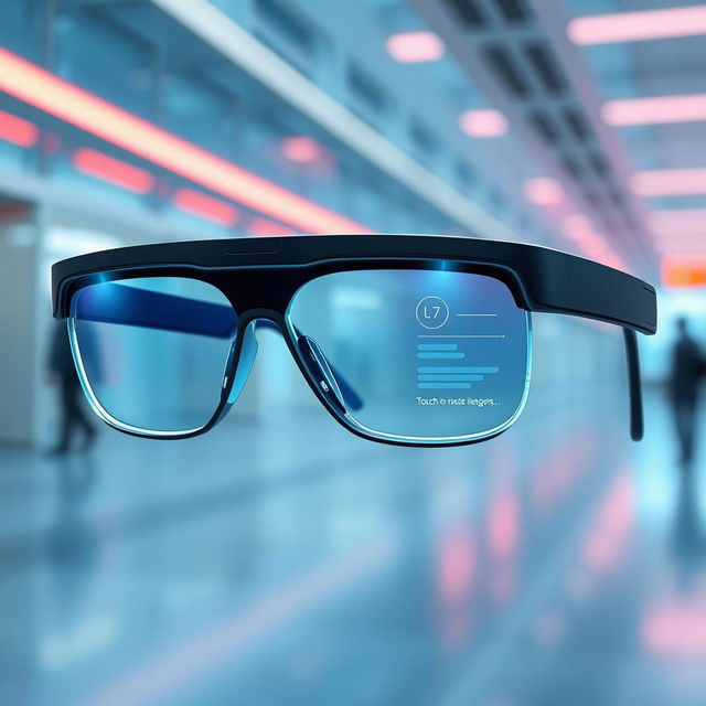 A futuristic yet minimalist design of smart glasses with advanced artificial intelligence, enabling users to access their messages seamlessly