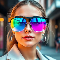 A cutting-edge pair of high-tech glasses branded as 'Dora', featuring lenses that reflect a stunning gradient from blue to pink, creating a vibrant and eye-catching effect