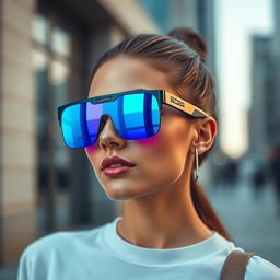 A cutting-edge pair of high-tech glasses branded as 'Dora', featuring lenses that reflect a stunning gradient from blue to pink, creating a vibrant and eye-catching effect