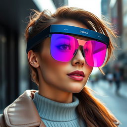 A cutting-edge pair of high-tech glasses branded as 'Dora', featuring lenses that reflect a stunning gradient from blue to pink, creating a vibrant and eye-catching effect