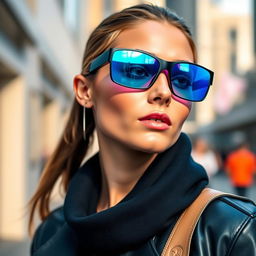 A cutting-edge pair of high-tech glasses branded as 'Dora', featuring lenses that reflect a stunning gradient from blue to pink, creating a vibrant and eye-catching effect