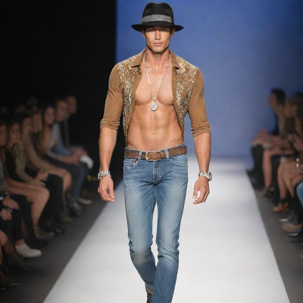 Handsome male model in slim-fit jeans, adorned with exquisite jewelry and stylish hats, strutting confidently on the runway.