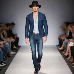 Handsome male model in slim-fit jeans, adorned with exquisite jewelry and stylish hats, strutting confidently on the runway.