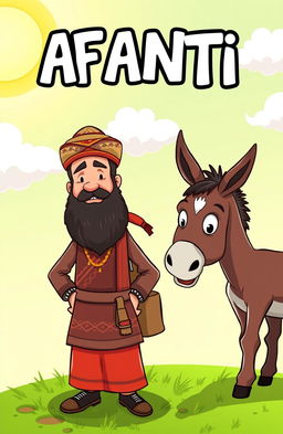 A cartoonish scene featuring a man with a beard dressed in traditional Kurdish clothing and wearing a Kurdish hat on his head, standing next to a donkey