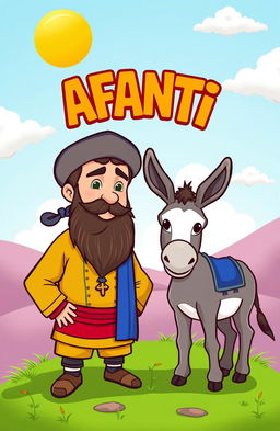 A cartoonish scene featuring a man with a beard dressed in traditional Kurdish clothing and wearing a Kurdish hat on his head, standing next to a donkey
