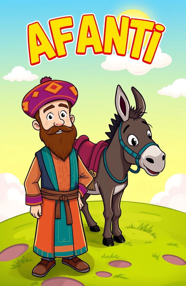 A cartoonish scene featuring a man with a beard dressed in traditional Kurdish clothing and wearing a Kurdish hat on his head, standing next to a donkey