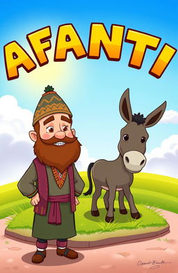 A cartoonish scene featuring a man with a beard dressed in traditional Kurdish clothing and wearing a Kurdish hat on his head, standing next to a donkey