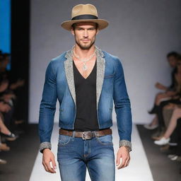 Handsome male model in slim-fit jeans, adorned with exquisite jewelry and stylish hats, strutting confidently on the runway.