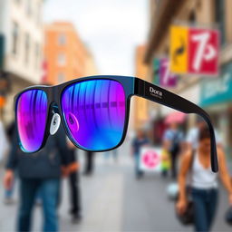 An innovative pair of high-tech glasses branded as 'Dora', featuring reflective lenses that display a stunning gradient transitioning from blue to pink
