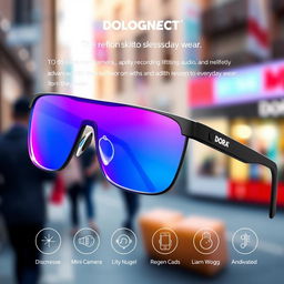 An innovative pair of high-tech glasses branded as 'Dora', featuring reflective lenses that display a stunning gradient transitioning from blue to pink
