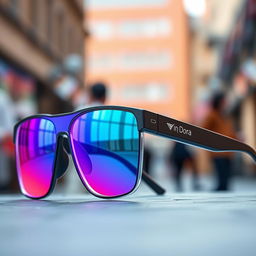 An innovative pair of high-tech glasses branded as 'Dora', featuring reflective lenses that display a stunning gradient transitioning from blue to pink
