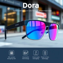 An innovative pair of high-tech glasses branded as 'Dora', featuring reflective lenses that display a stunning gradient transitioning from blue to pink