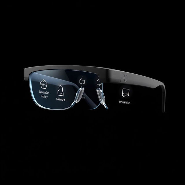 A stylish and minimalist pair of smart glasses equipped with advanced artificial intelligence, showcasing multiple functionalities such as navigation, augmented reality display, voice assistant, health monitoring, and translation features