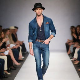 Handsome male model in slim-fit jeans, adorned with exquisite jewelry and stylish hats, strutting confidently on the runway.