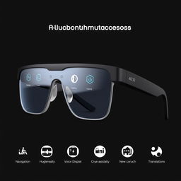 A stylish and minimalist pair of smart glasses equipped with advanced artificial intelligence, showcasing multiple functionalities such as navigation, augmented reality display, voice assistant, health monitoring, and translation features