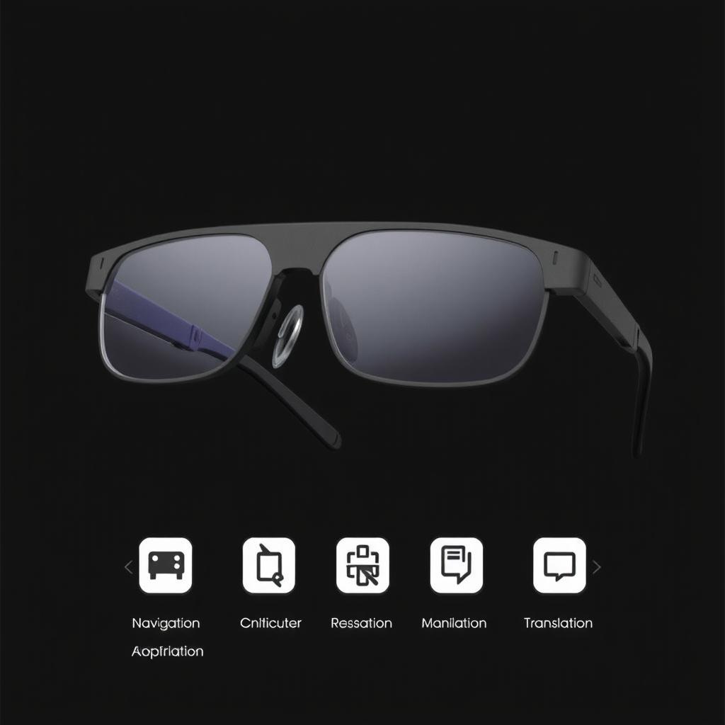 A stylish and minimalist pair of smart glasses equipped with advanced artificial intelligence, showcasing multiple functionalities such as navigation, augmented reality display, voice assistant, health monitoring, and translation features