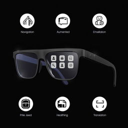 A stylish and minimalist pair of smart glasses equipped with advanced artificial intelligence, showcasing multiple functionalities such as navigation, augmented reality display, voice assistant, health monitoring, and translation features