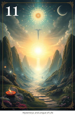 An artistic representation of the '11 mysterious and unique secrets of life', featuring a serene landscape filled with symbols of wisdom and mystery