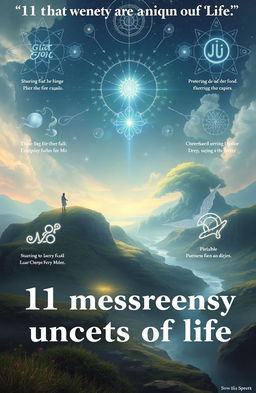 An artistic representation of the '11 mysterious and unique secrets of life', featuring a serene landscape filled with symbols of wisdom and mystery