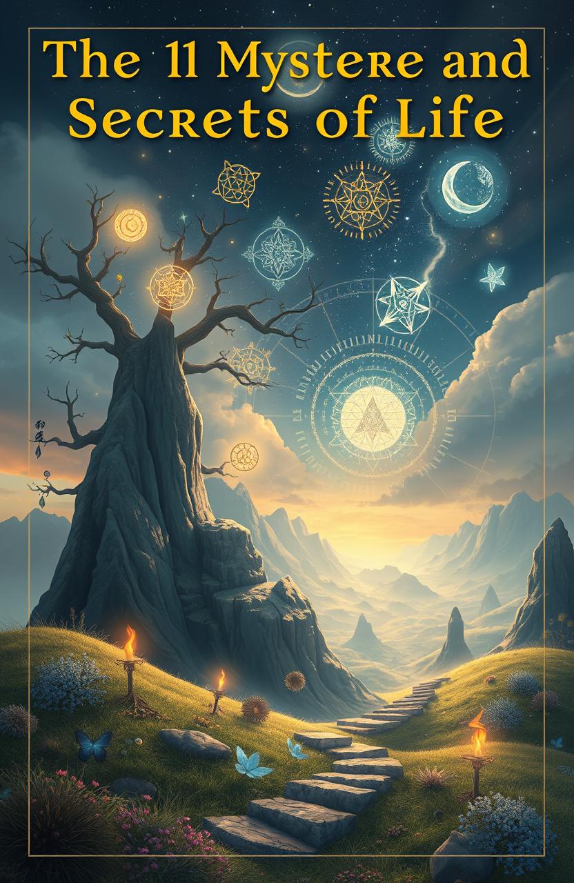 An artistic representation of the '11 mysterious and unique secrets of life', featuring a serene landscape filled with symbols of wisdom and mystery