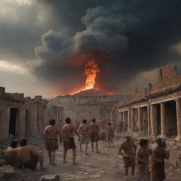 A dramatic scene of the last day of Pompeii, featuring panicked citizens amidst collapsing buildings under a cloud-choked sky, reflecting the imminent volcanic eruption with its fiery debris and ash, in a style reminiscent of romantic historical painting.