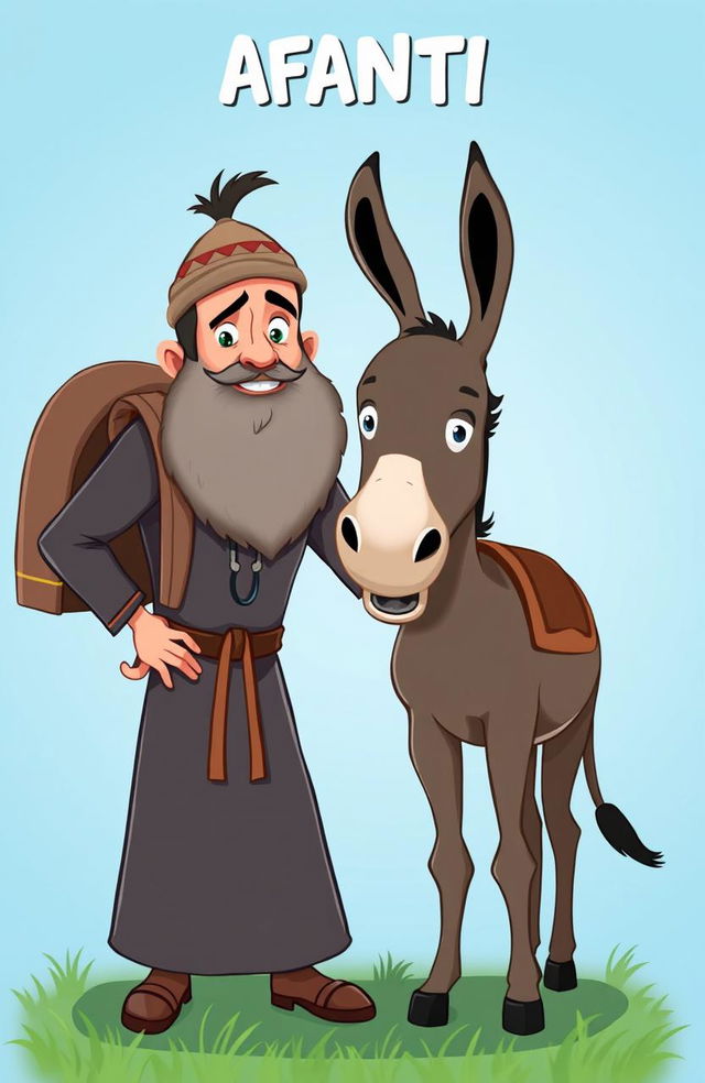 A cartoonish scene featuring a man standing beside a donkey