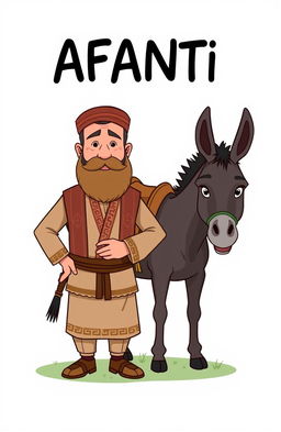 A cartoonish scene featuring a man standing beside a donkey