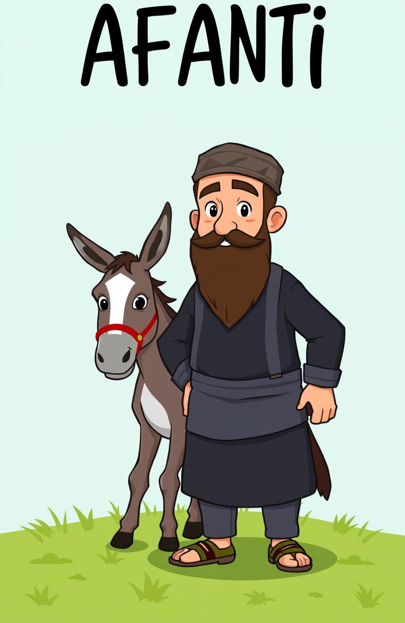 A cartoonish scene featuring a man standing beside a donkey